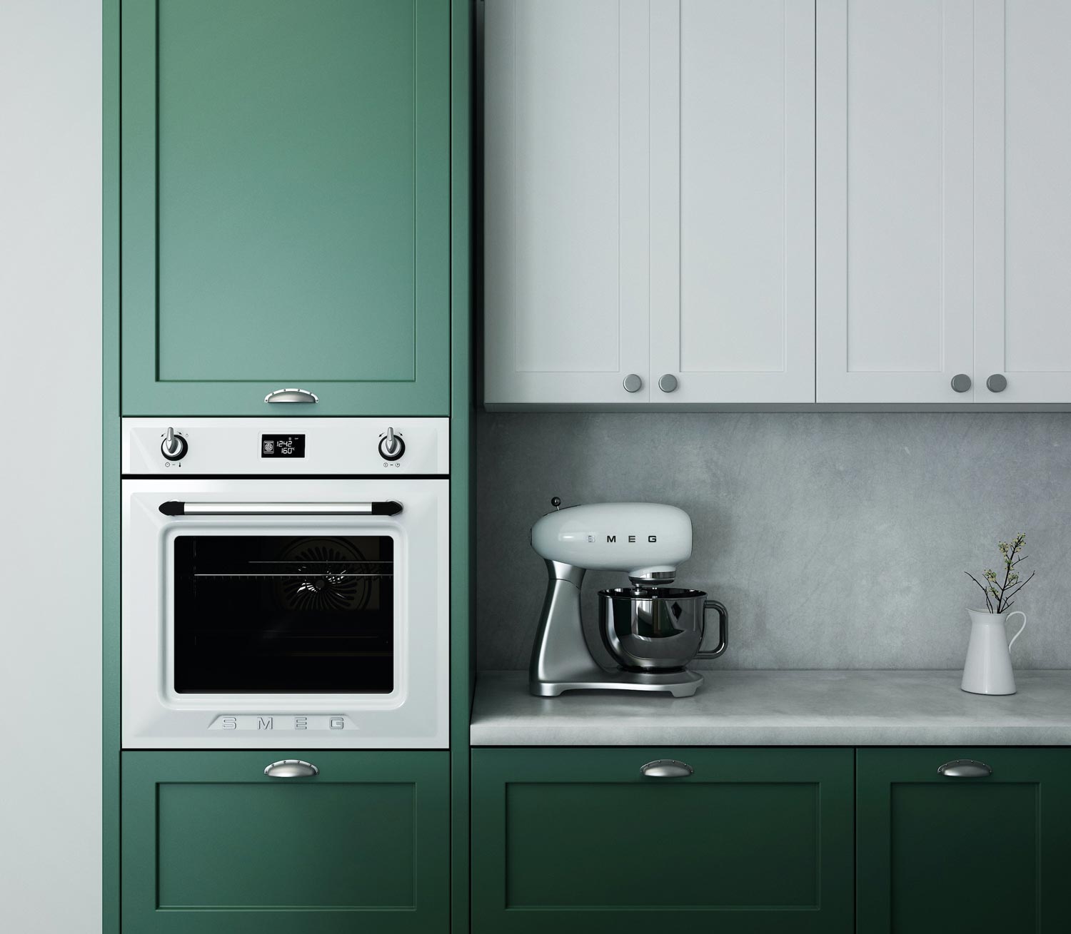 Image of a contemporay style traditional kitchen, with green shaker-style cabinet doors alongside white shaker-style cabinet doors. The image includes an integrated oven, and a SMEG stand mixer on the worktop.